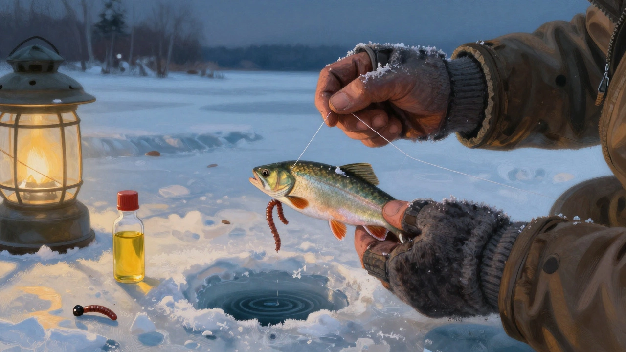 Руки рыбака в перчатках насаживают мотыля на микромормышку у лунки в льду, рядом — флакон с рыбьим жиром.