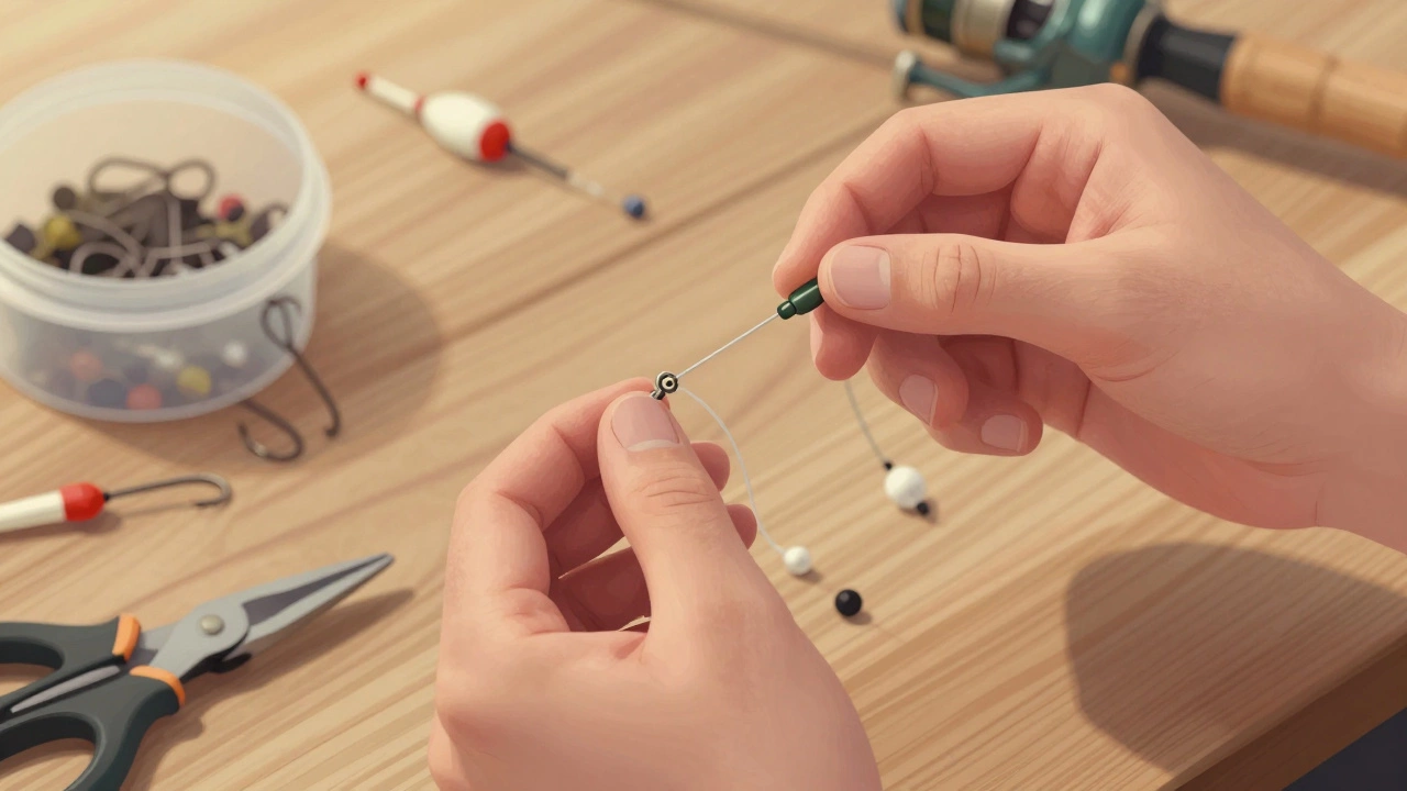 Руки собирают рыболовную снасть: завязывают узел, надевают поплавок и грузила на леску.