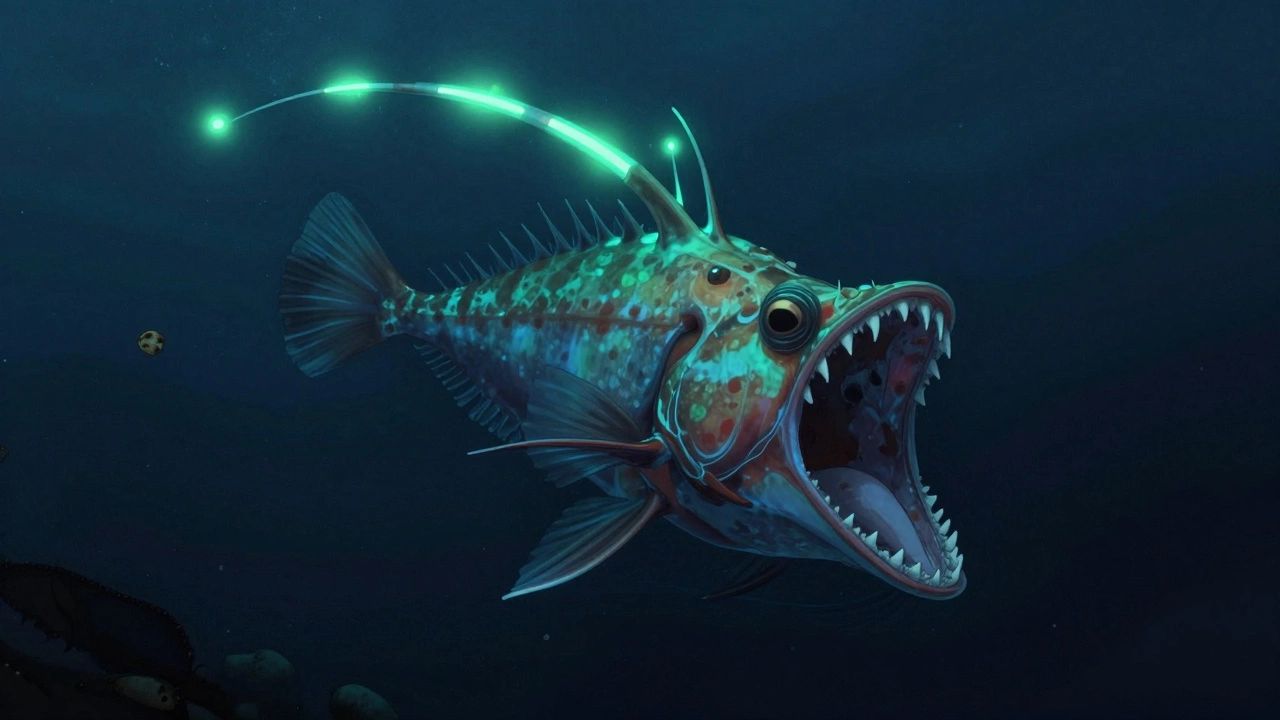 Рыба-удильщик с светящейся приманкой и огромными челюстями в безжизненной глубине океана.