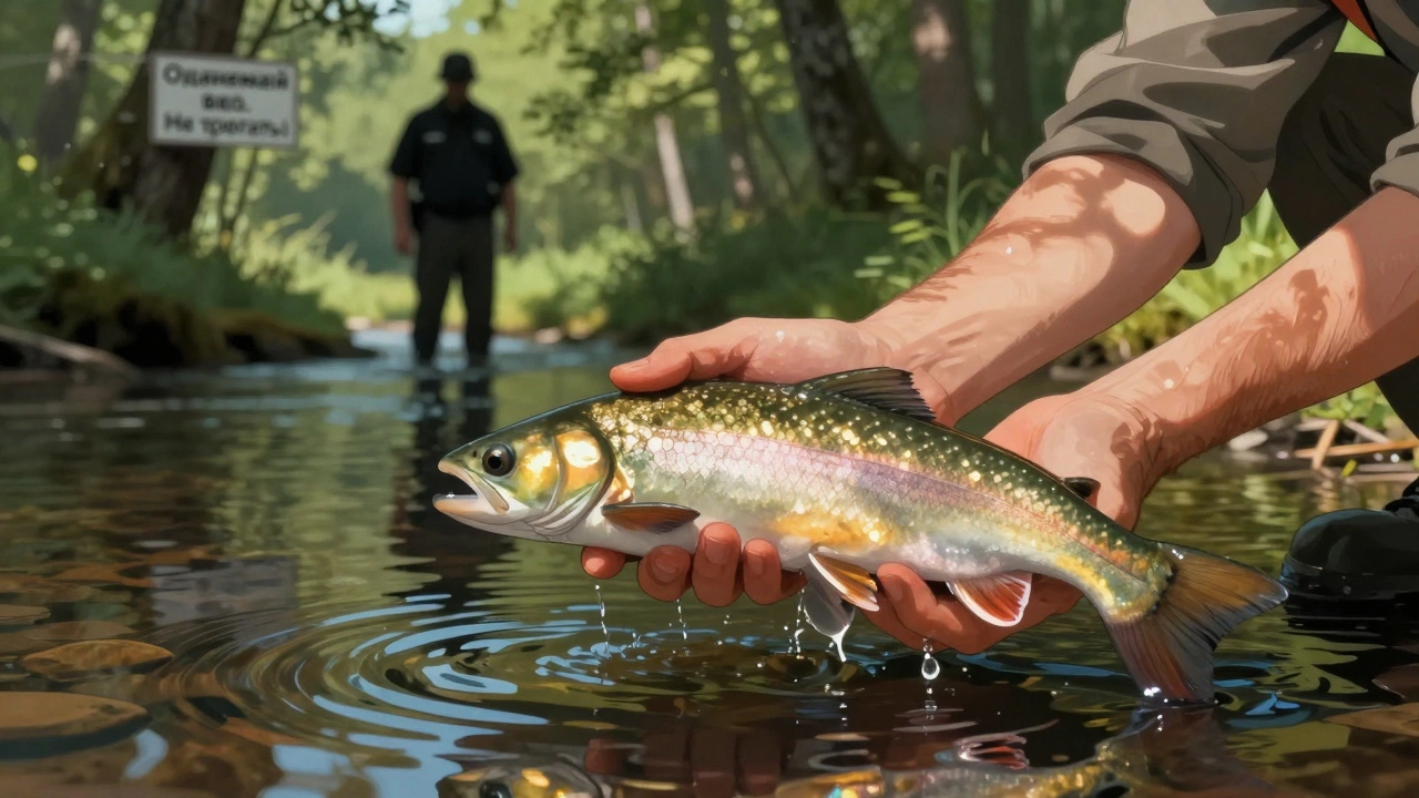Рыбак отпускает стерлядь в реку, за спиной — предупреждающий знак.