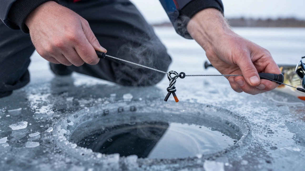 Рыбак проверяет узел Паломар на ледяной лунке с отражением щуки в лунке.