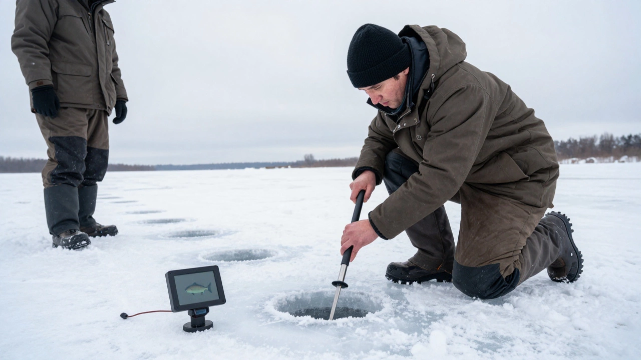 Рыбак с эхолотом и ледобуром на снежном льду, за спиной — ряд лунок.