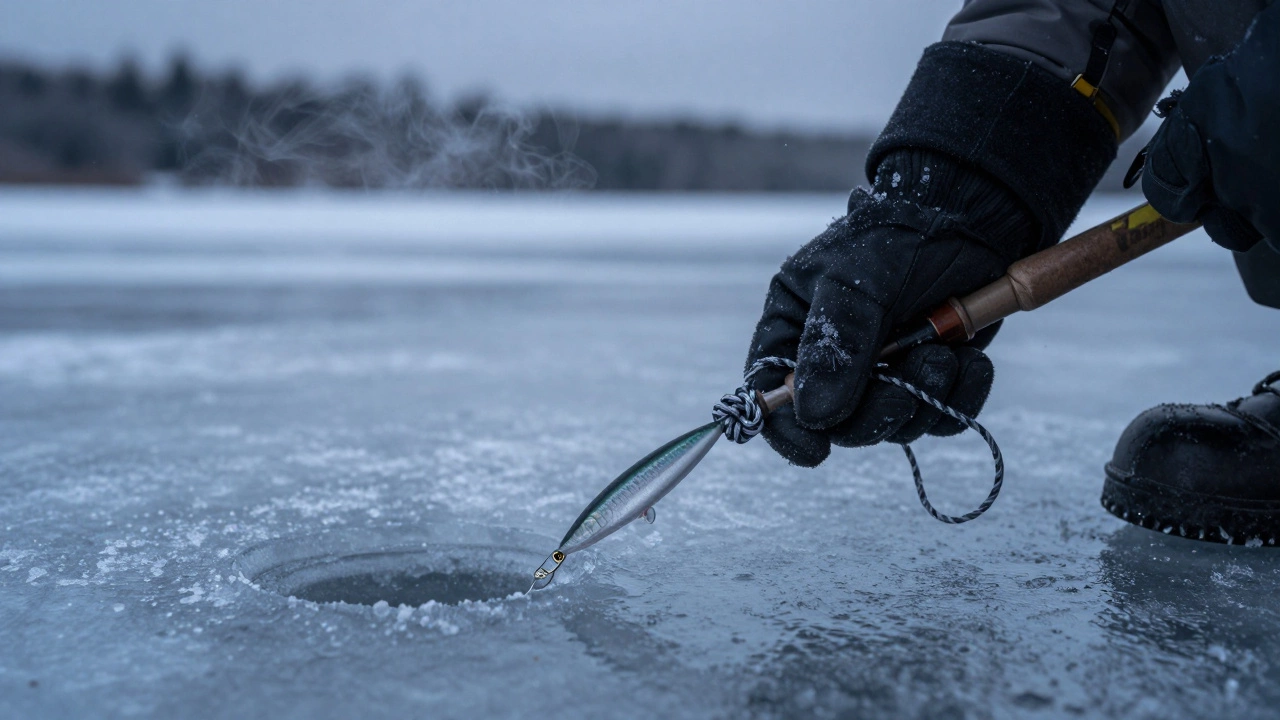 Рыбак в перчатках завязывает узел Паломар на плетенке на льду зимой.