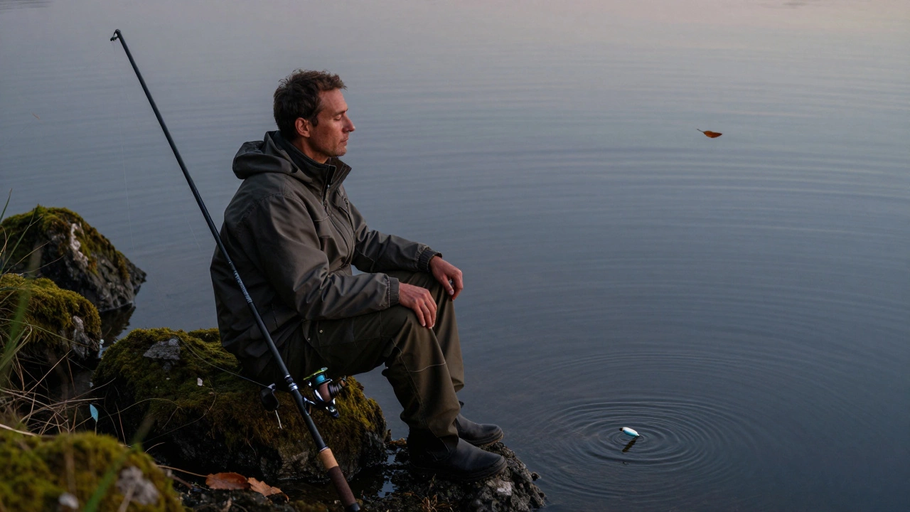 Рыбак в тишине заката, его спокойствие привлекает рыбу, а не слова.