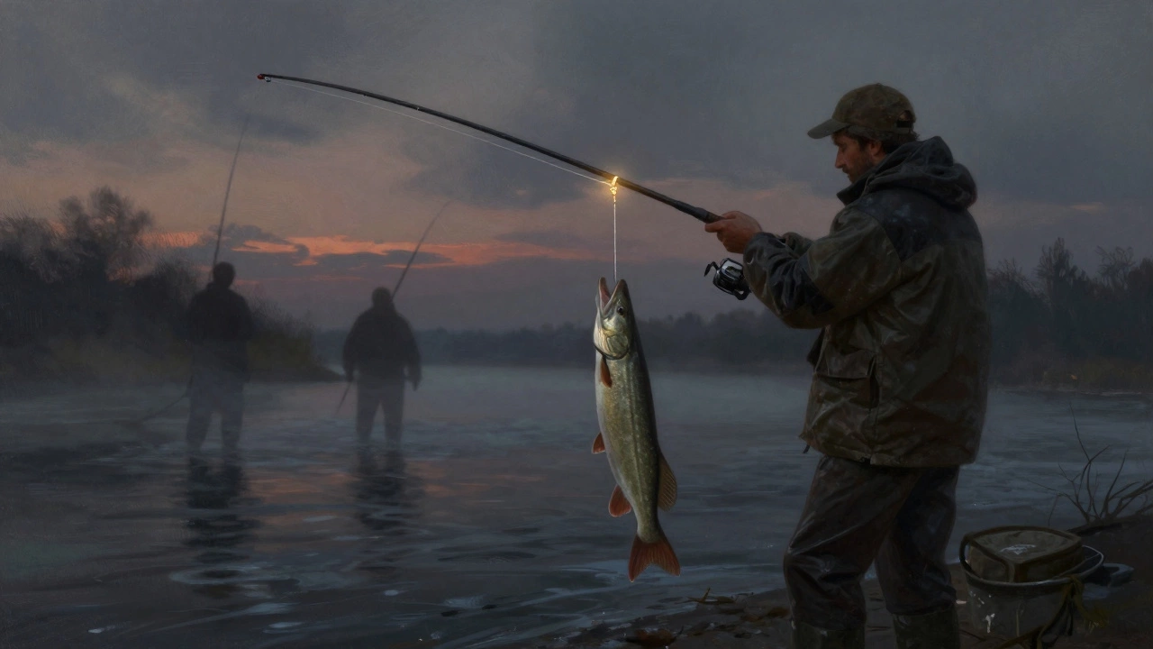 Рыбак вытаскивает щуку на тонкой леске — узел Гриннер светится, как магический элемент на крючке.