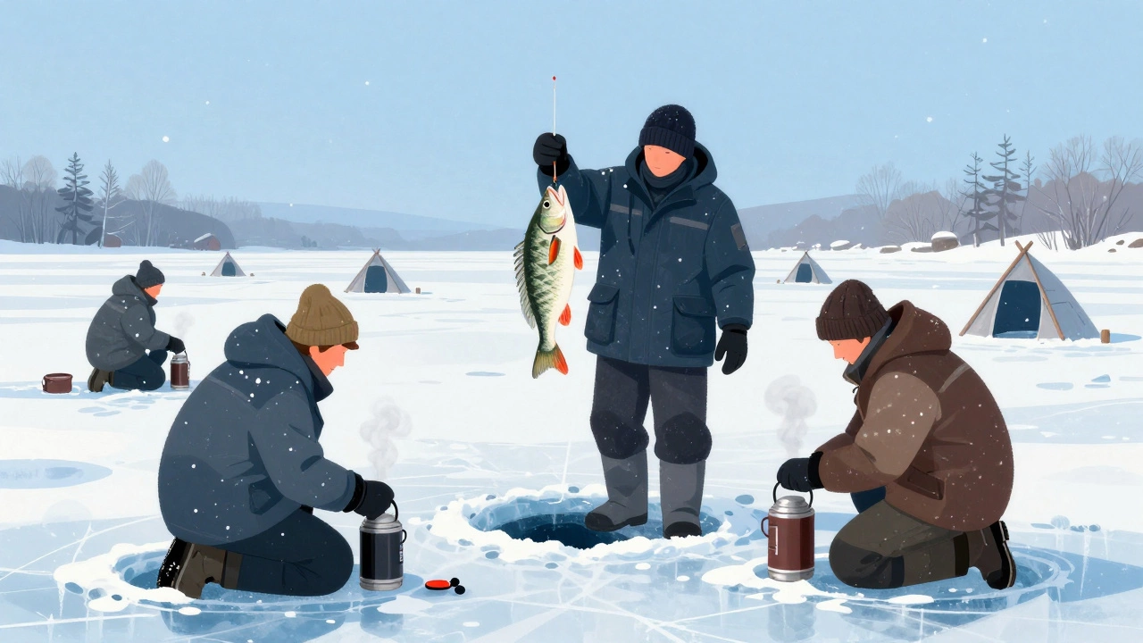 Рыбаки на льду зимнего озера ловят рыбу на мормышку под падающим снегом.