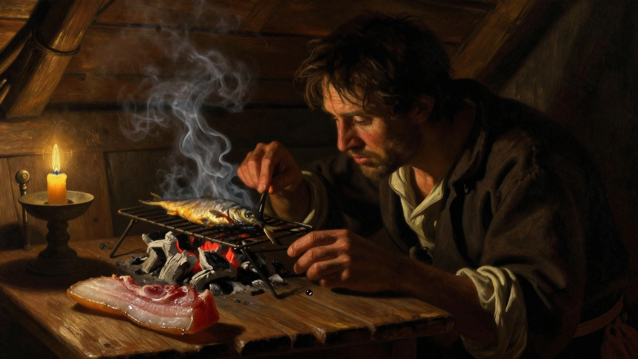 Секретно готовящий рыбу матрос в каюте, пряча еду от других.