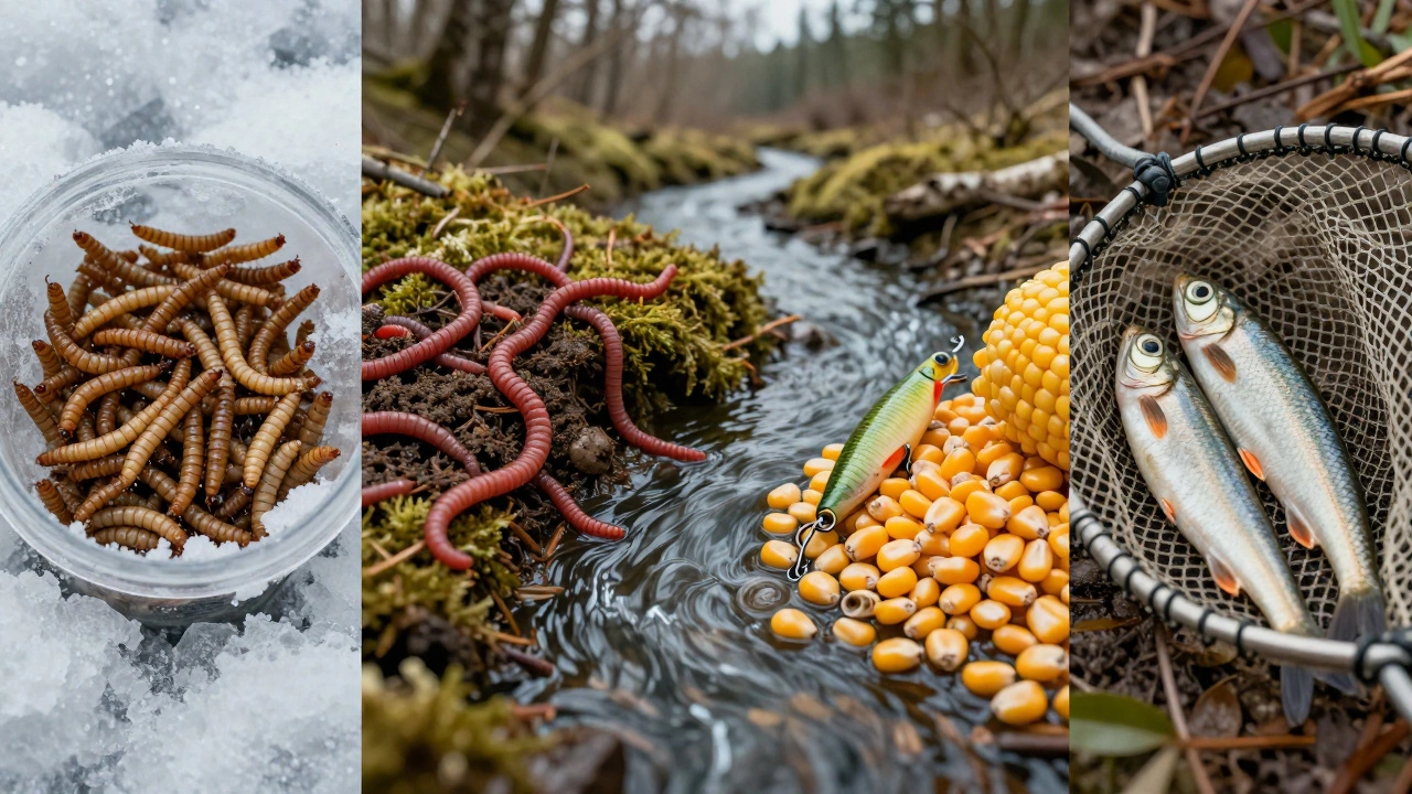 Сезонные наживки: опарыш, червь, кукуруза, живец — в композиции, символизирующей годовой цикл рыбалки.