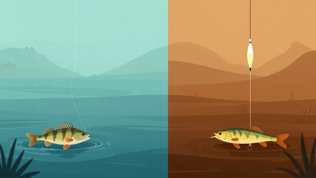 Сезонные различия в рыбалке: весна слева, осень справа, с разными снастями и рыбой.