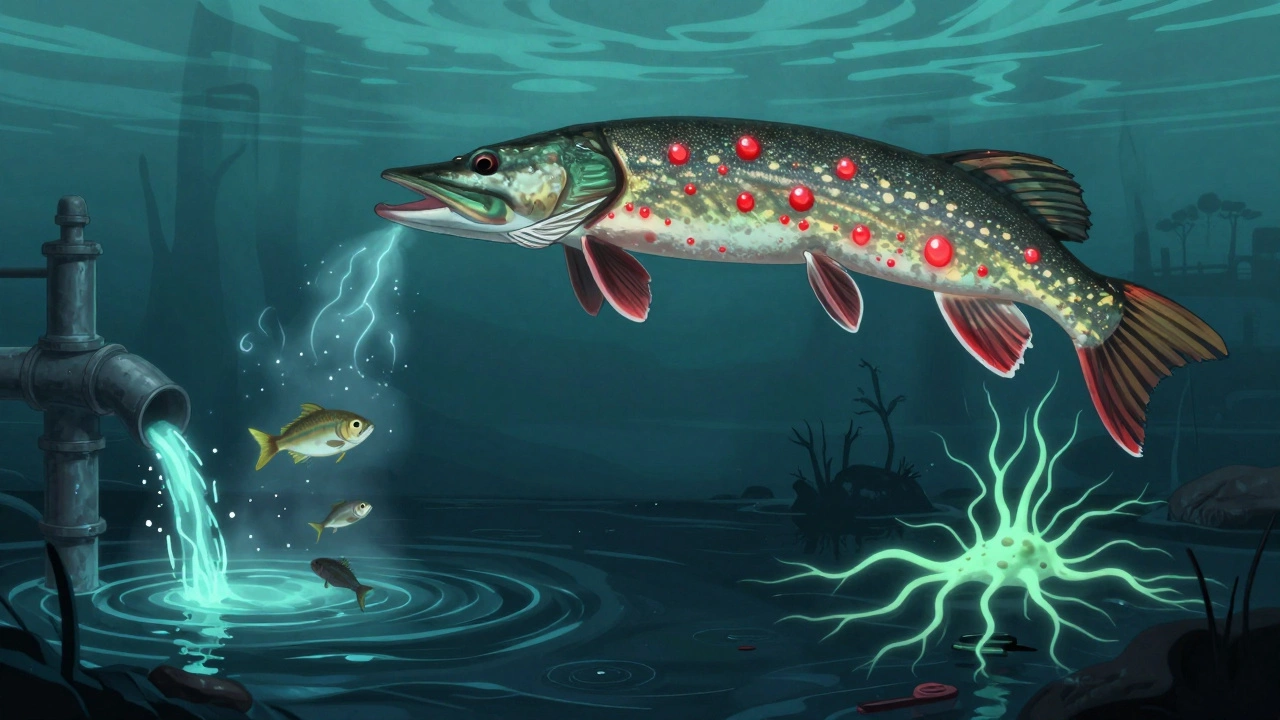 Схема пищевой цепи в загрязнённой реке: планктон, мелкая рыба и крупная щука с видимыми каплями ртути.