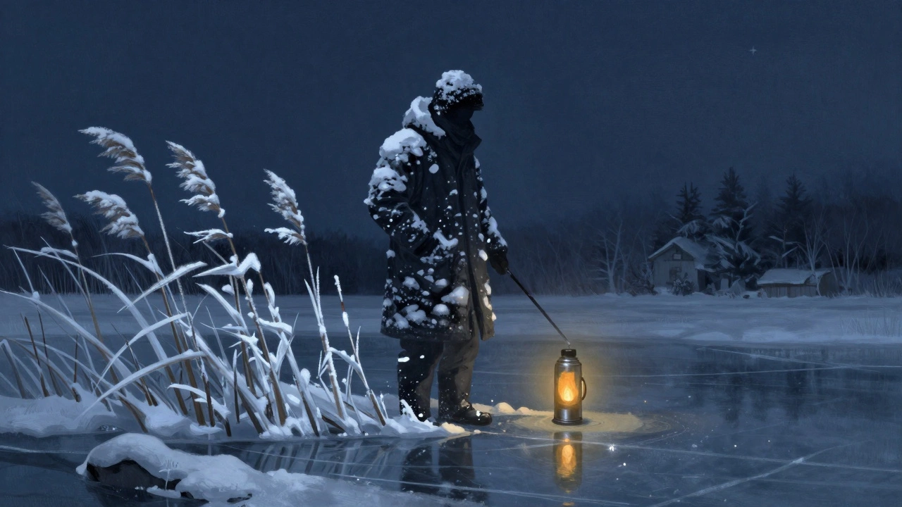 Силуэт рыбака слился с зимним пейзажем: его одежда — снег, удочка — ледяные тростники, вдали — звезды на льду.