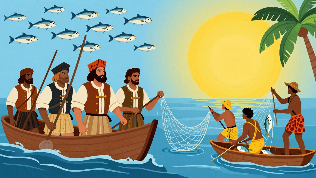 Сравнение: европейцы отворачиваются от рыбы, таино ловят её с лёгкостью.