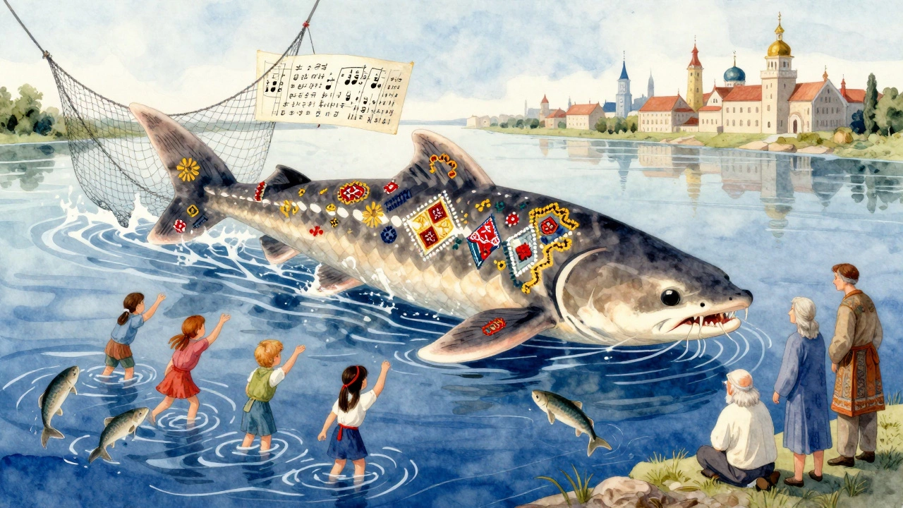 Стurgeon, превращающийся в узоры русской вышивки, выпускает мальков в Волгу