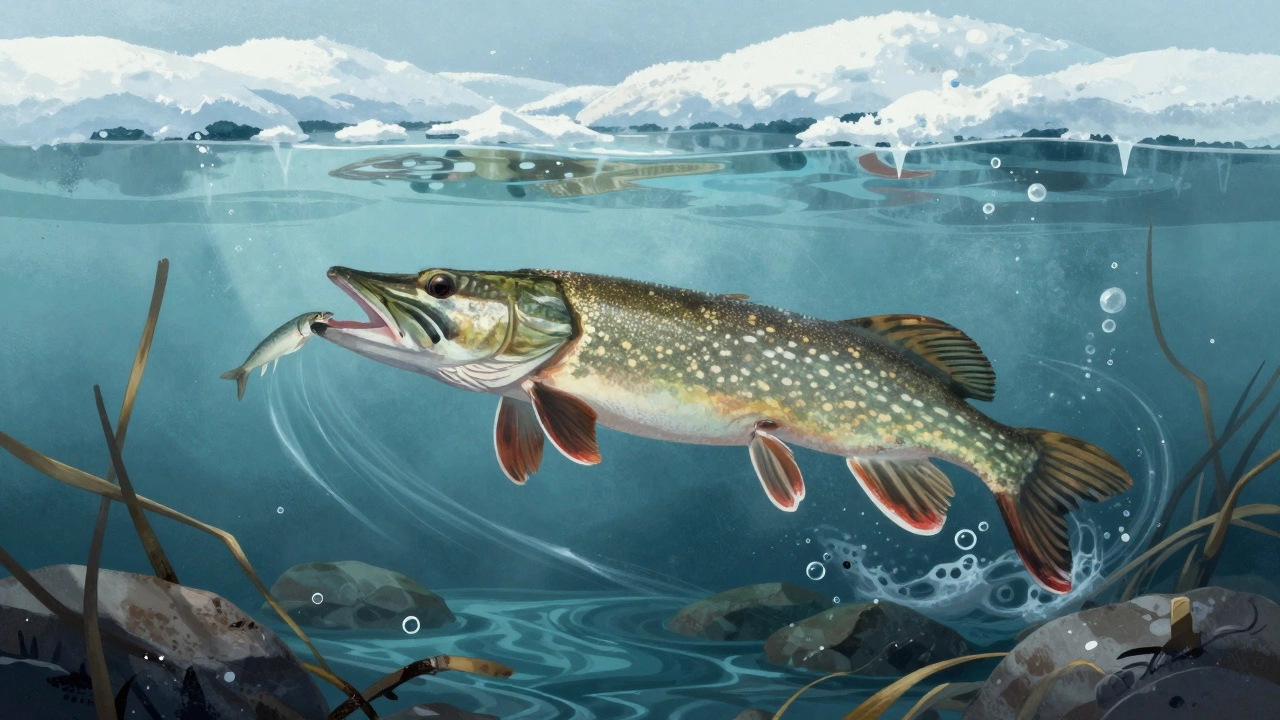 Щука атакует мелкую рыбу под прозрачным зимним льдом, окруженная подводными структурами.