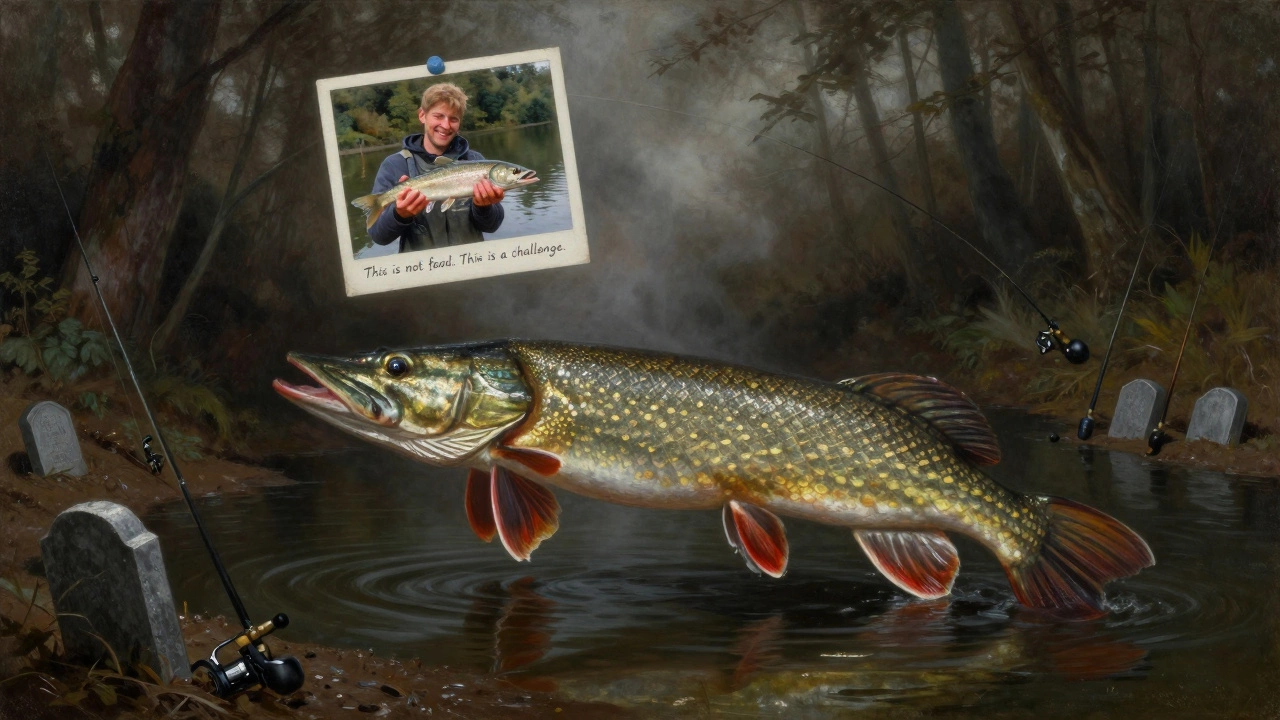 Щука как мифическое существо среди рыболовных удочек, символ неприкосновенности.