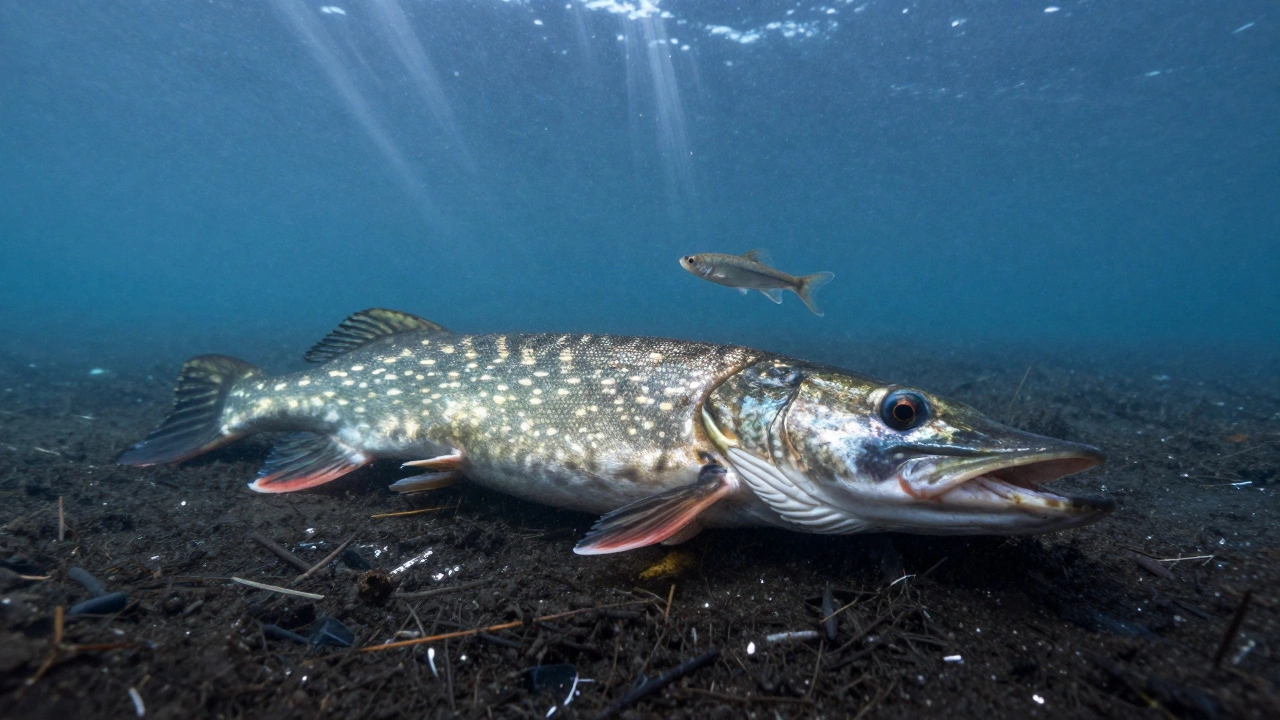 Щука на дне под льдом, рядом медленно плавает живец в темной воде.