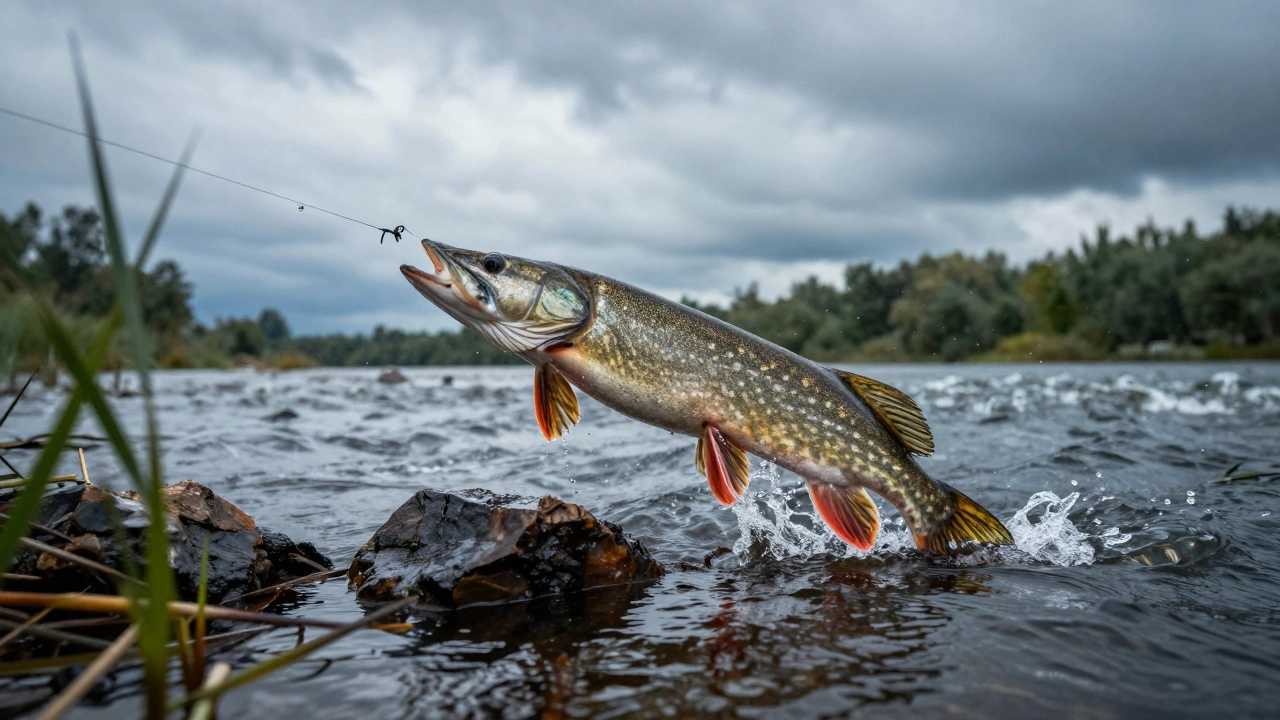 Щука в прыжке над рекой, на крючке надежно закреплен простой узел.