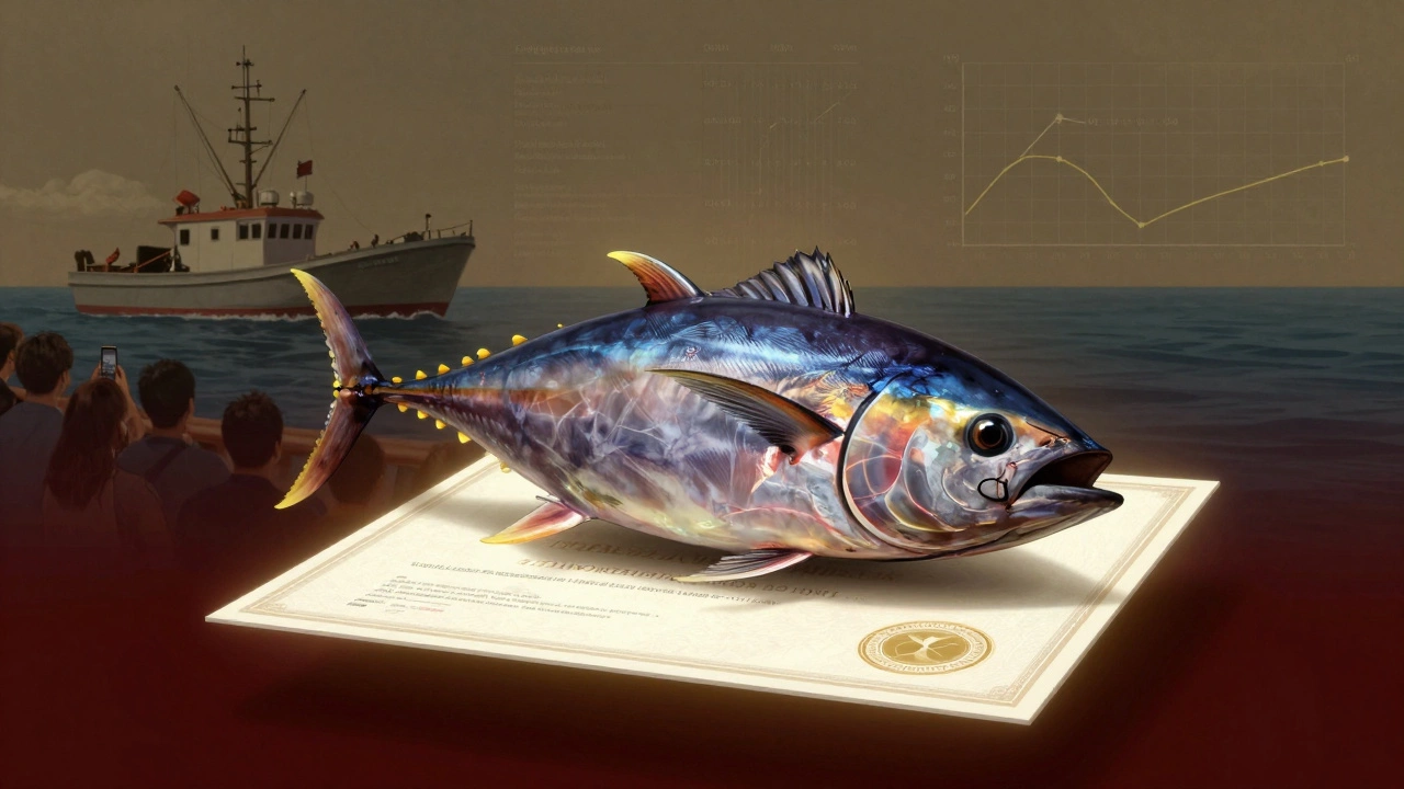 Суши из синего тунца парит над цифровым сертификатом, позади — символы его жизни, вылова и исчезновения.