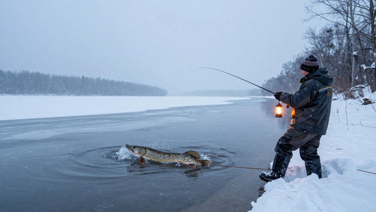 Три фазы зимнего жора щуки: спокойствие, снегопад и успешный улов на мелководье.
