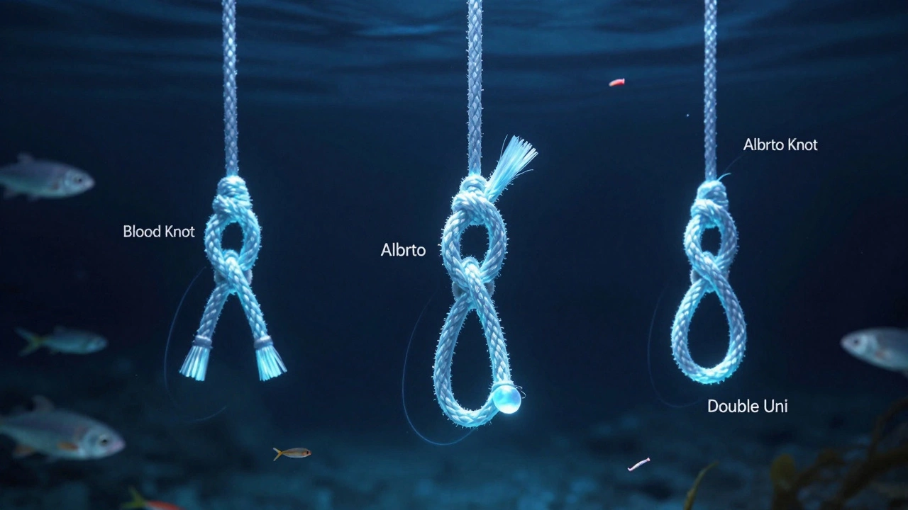 Три рыболовных узла парят в темной воде, освещенные голубым светом.