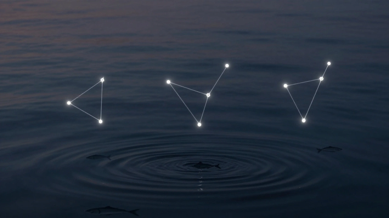 Три рыболовных узла светятся в воздухе над темной водой, символизируя надежность.