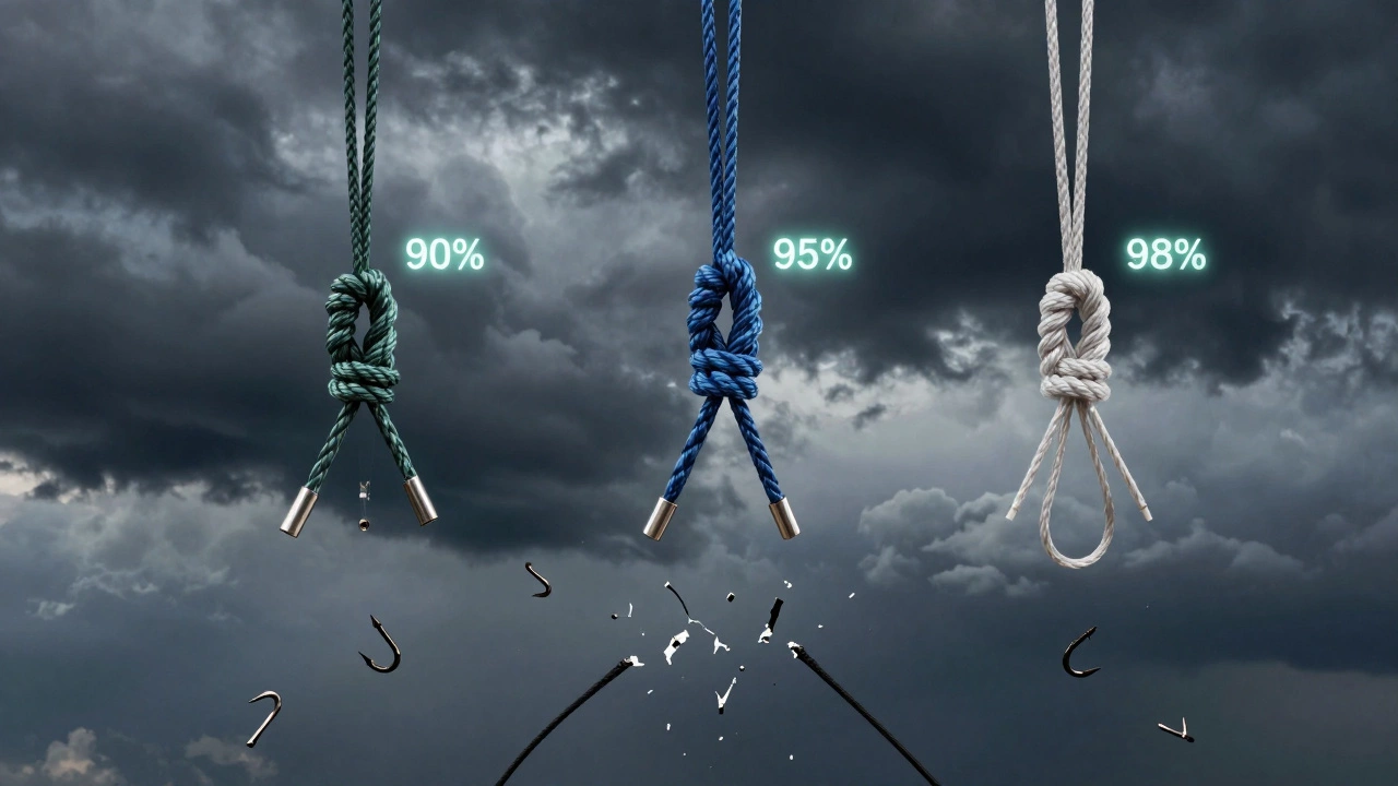 Три рыболовных узла в воздухе с указанием их прочности на разных лесках.