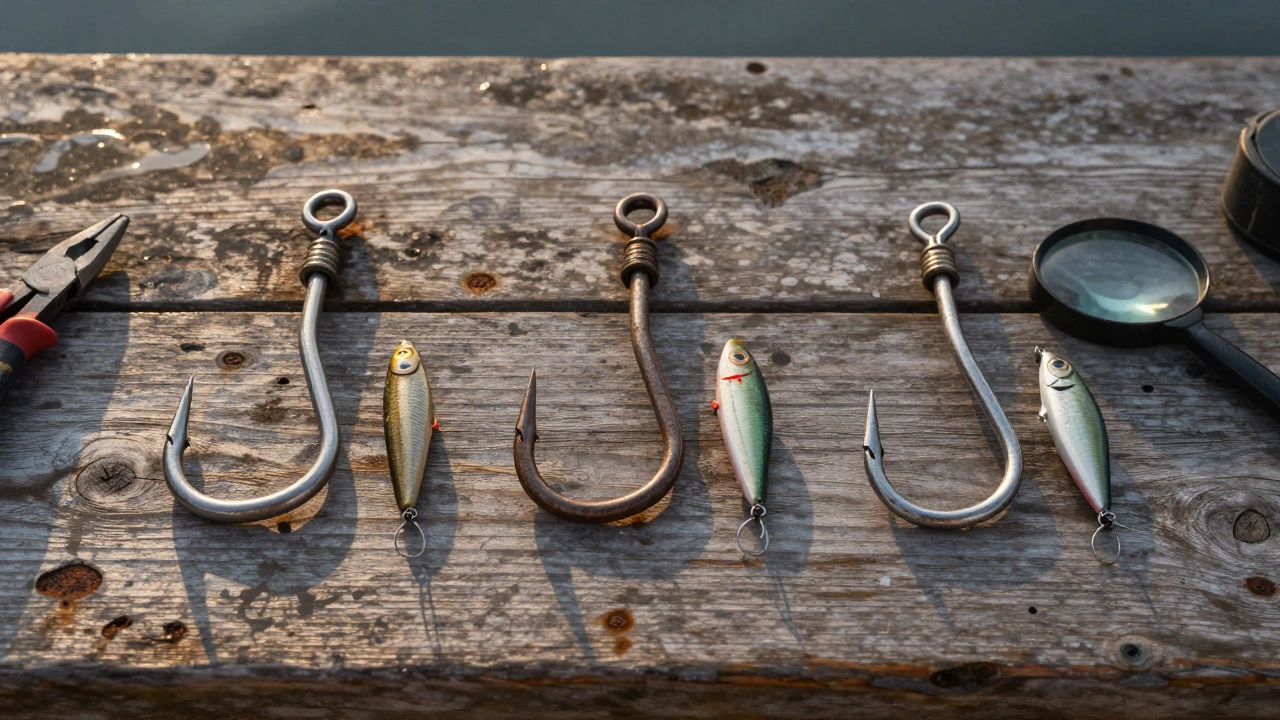 Три типа тройных крючков на деревянном столе с рыболовными инструментами.
