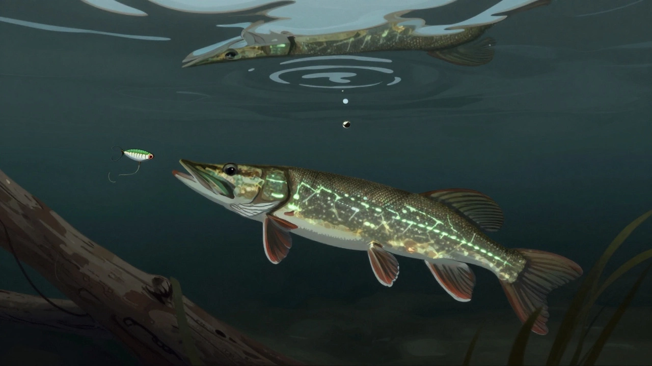 Вид снизу: рыба ощущает вибрации приманки через боковую линию в темной воде.