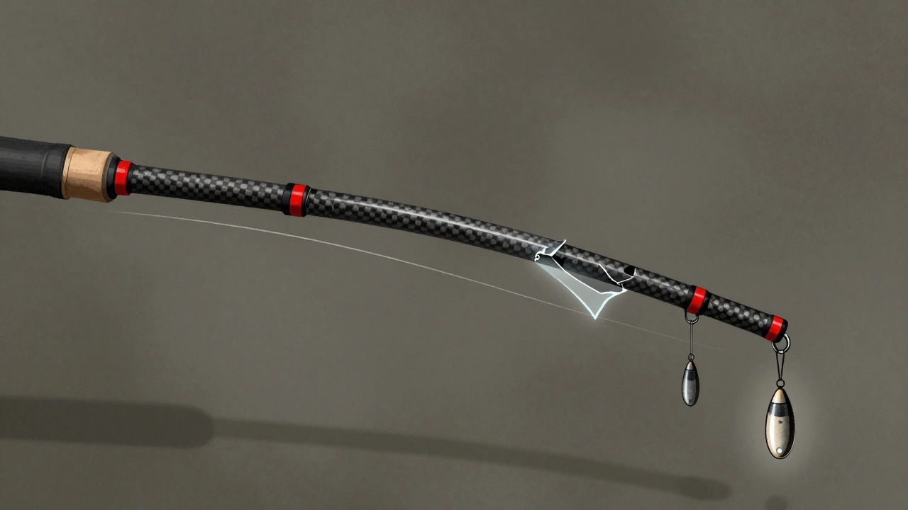 Внутреннее устройство удочки под перегрузкой: слои материалов ломаются под весом 50 г.