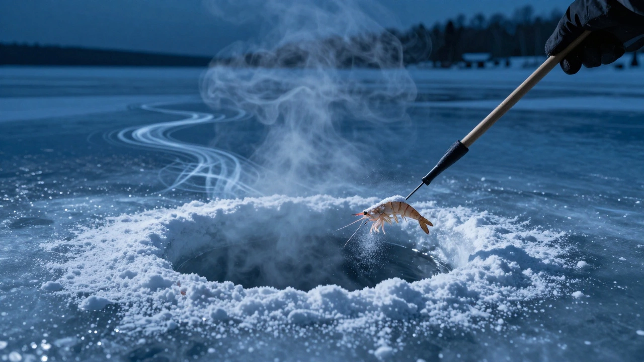 Зимняя лунка на льду с порошком креветки на приманке, пар над водой.