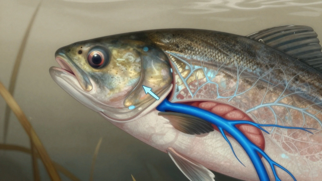 Анатомический разрез головы рыбы с подсвеченным блуждающим нервом под жаберными крышками.