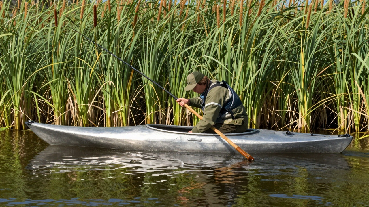 Байдарка медленно проплывает сквозь камыши на речке, рыбак толкает её шестом.