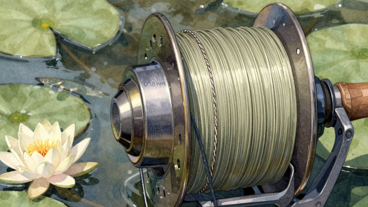Близкий вид катушки с двумя типами лески: плетеная и моноволокно, рядом лепесток кувшинки.