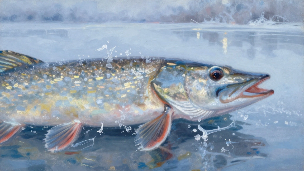 Ближний план жабр щуки с ледяными кристаллами в воде