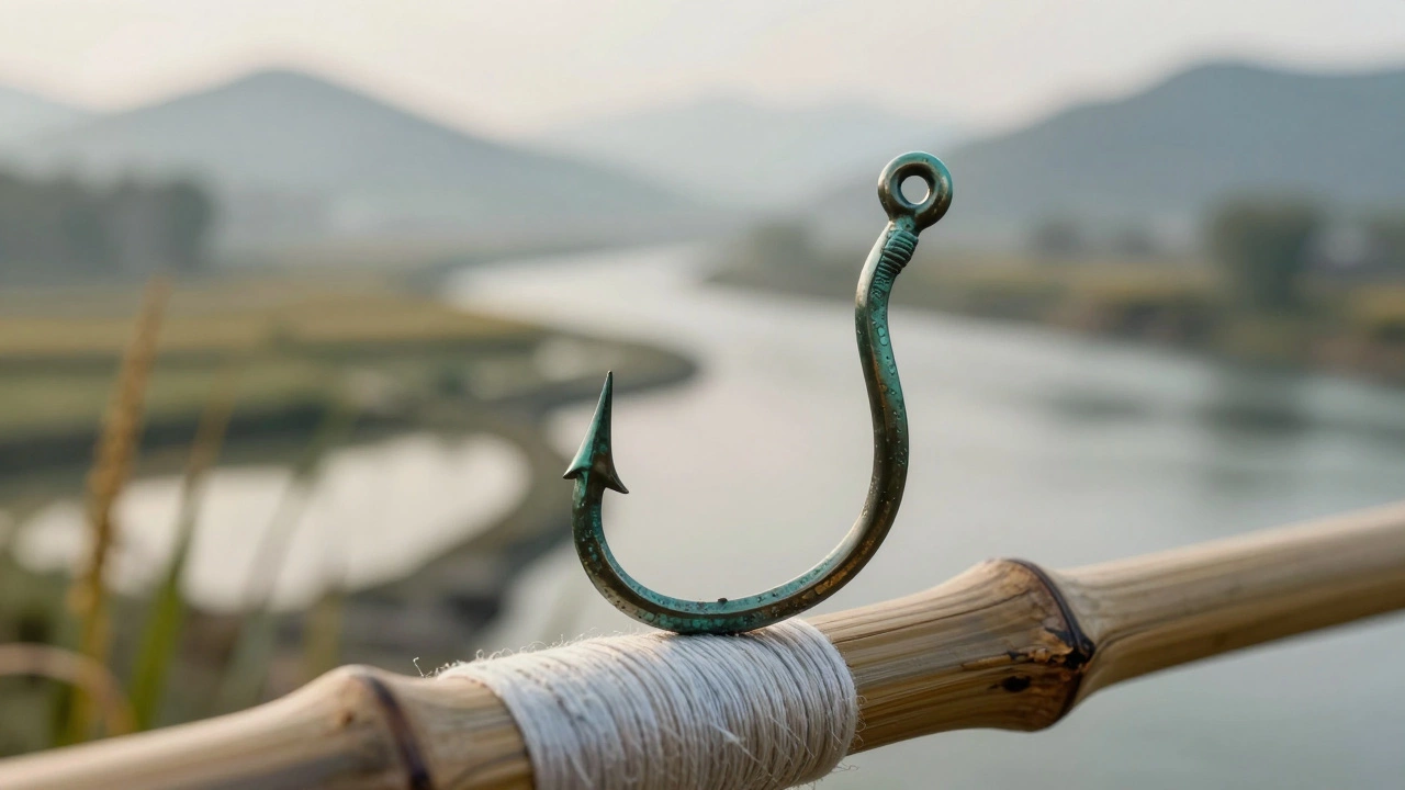 Бронзовый крючок из Китая около 2000 года до н.э. на шелковой нити.