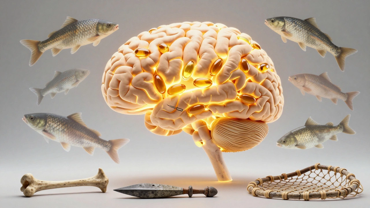 Человеческий мозг с лучами жирных кислот, окруженный древними рыболовными орудиями.