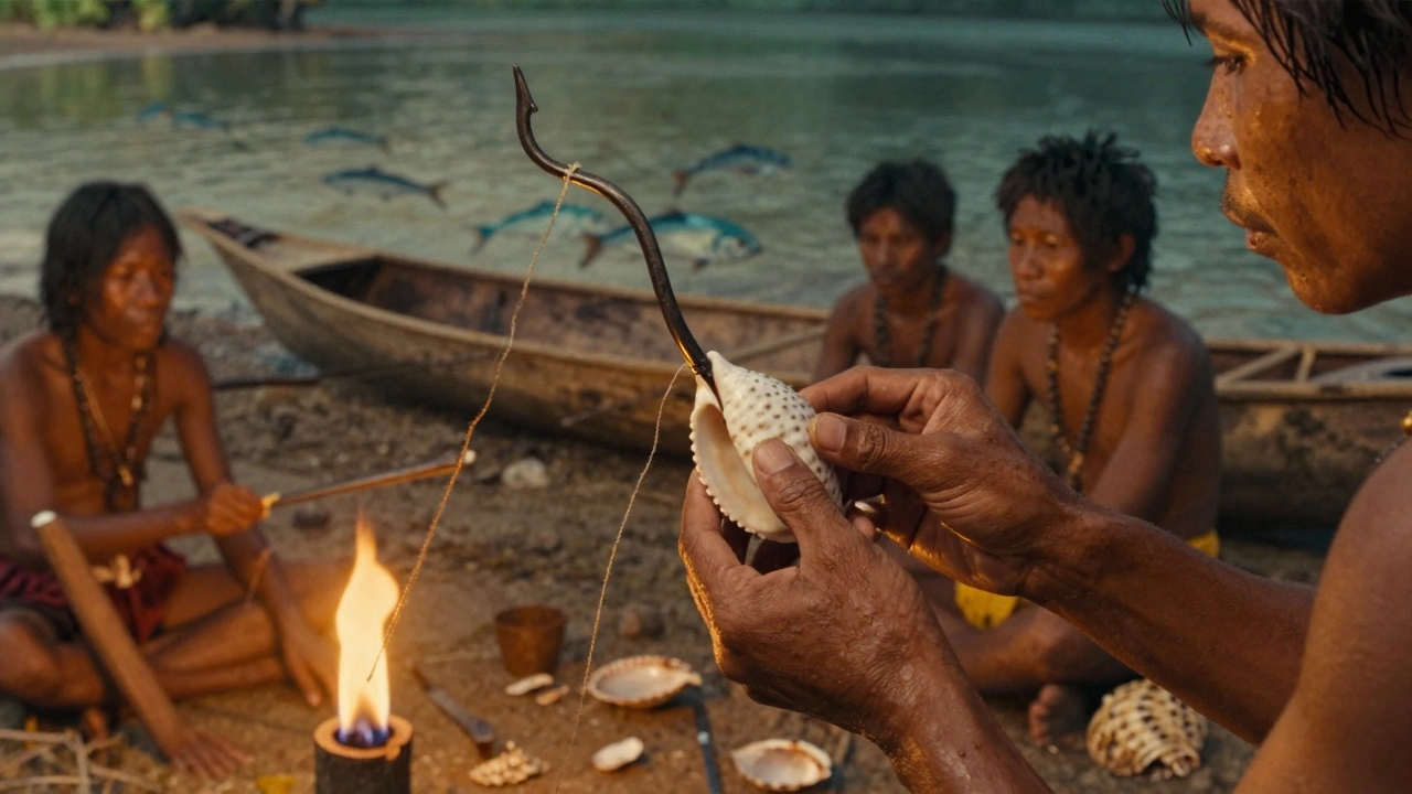 Человек изготавливает костяной крючок из морской ракушки для ловли рыбы.