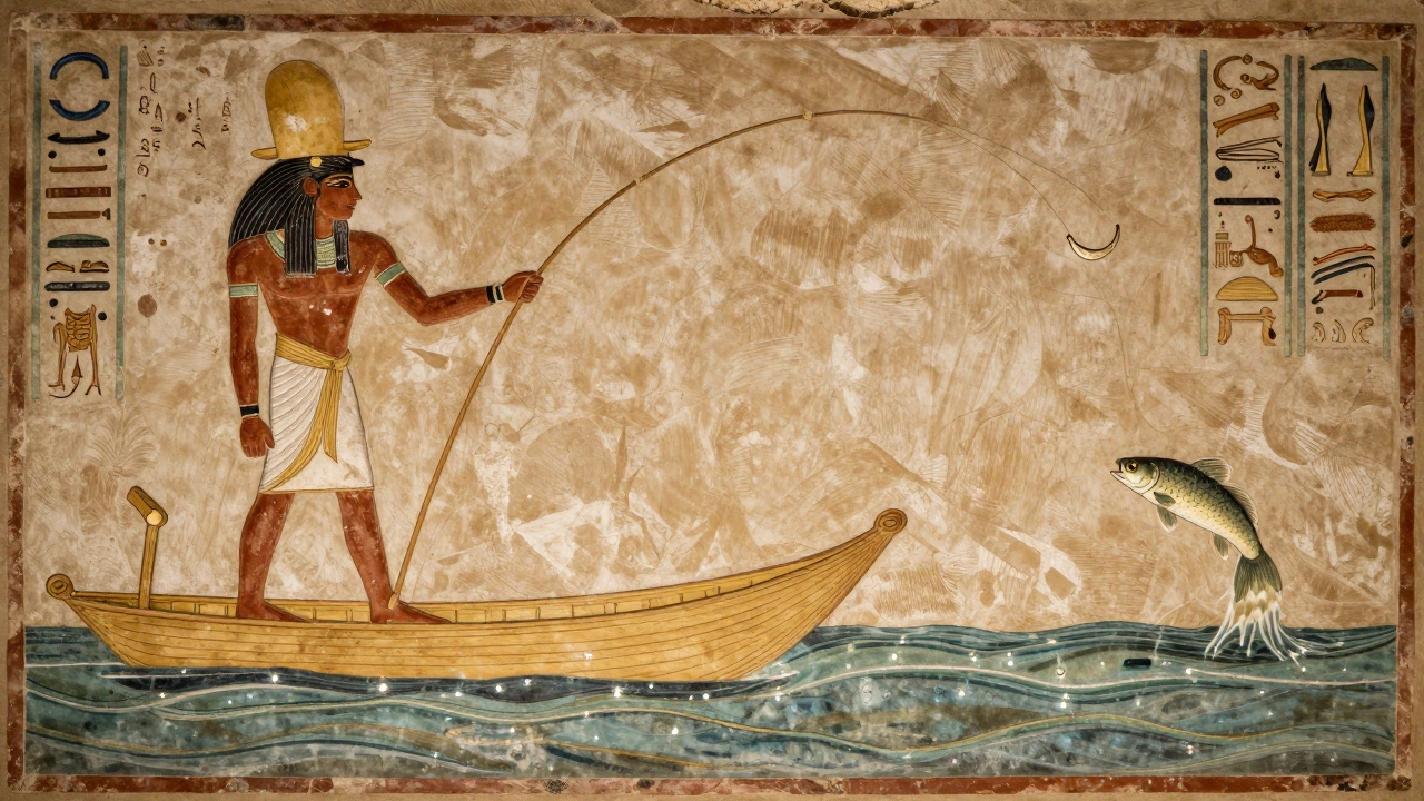 Египтяне ловят рыбу на Ниле с помощью древних удочек около 5000 лет до н.э.