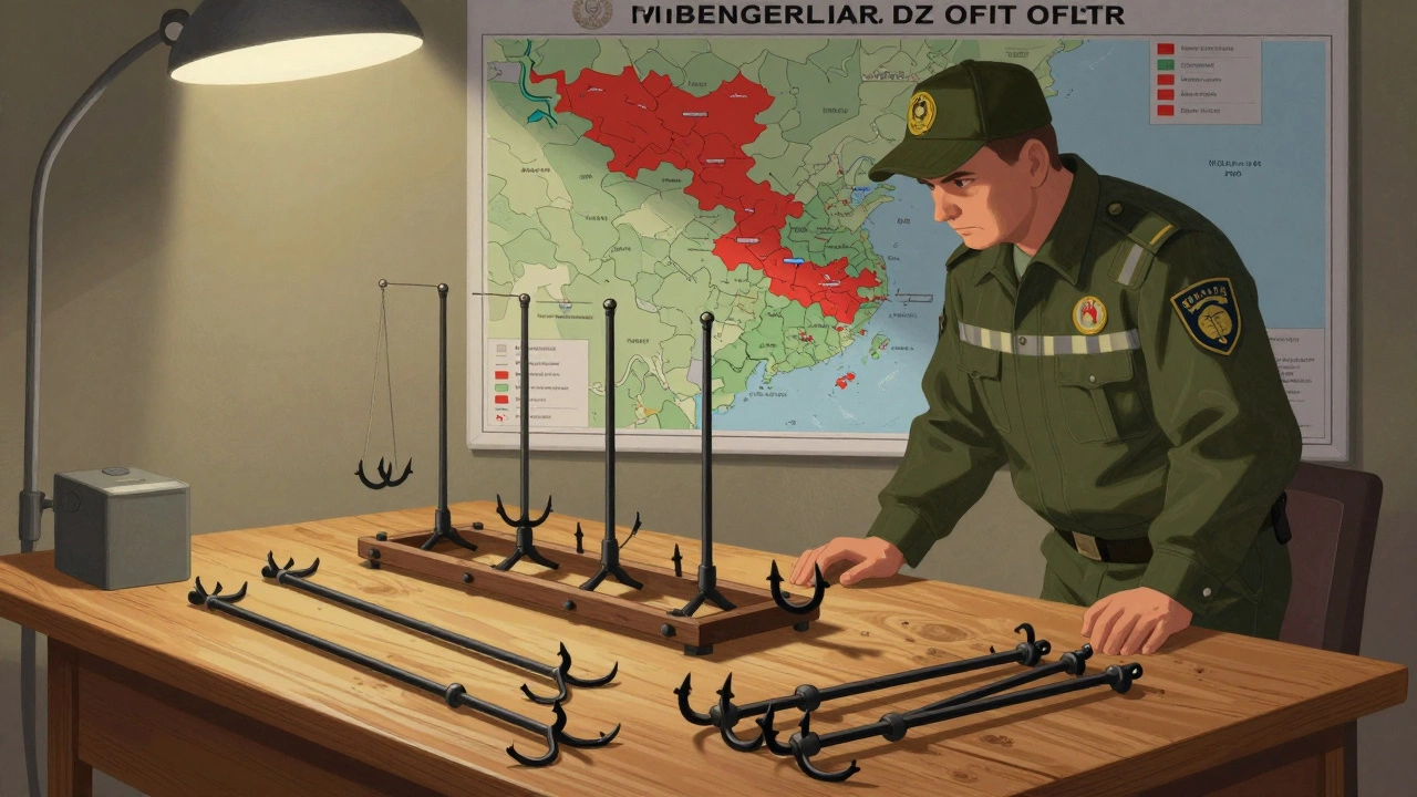 Инспектор сравнивает нелегальную снасть с девятью крючками и три легальных удочки.