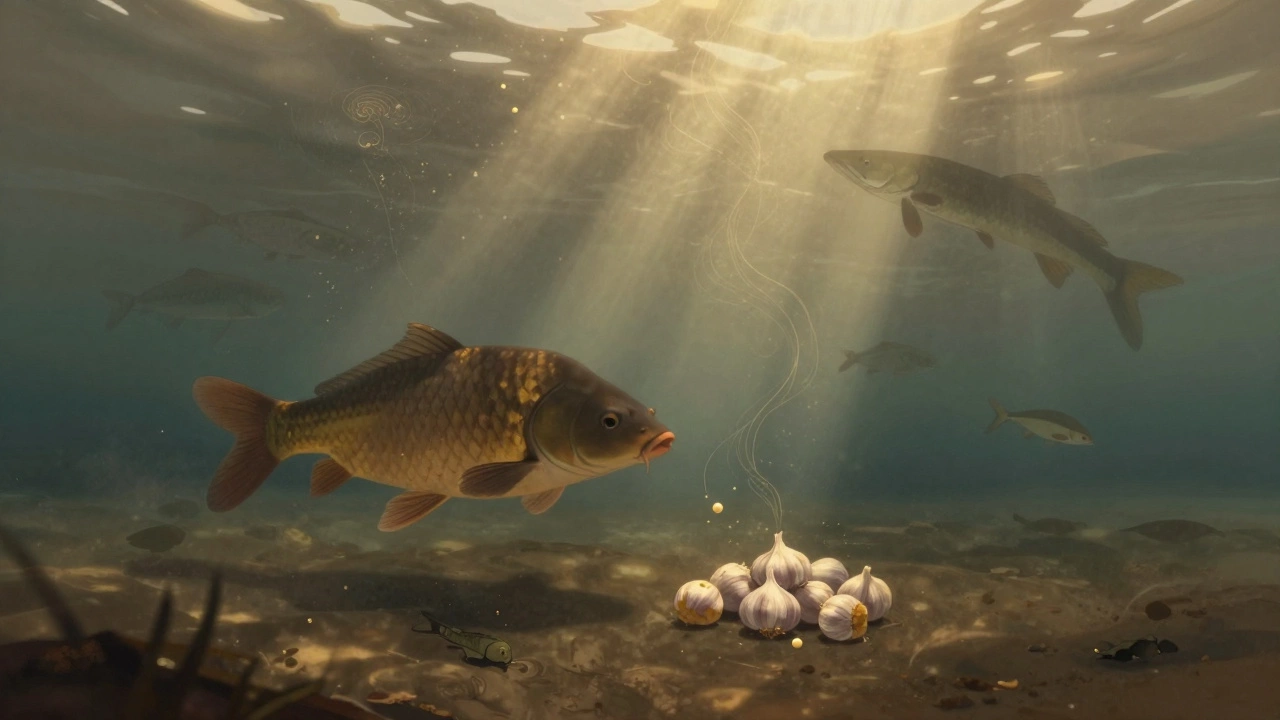 Карп плывет к ароматным шарикам насадки в мутной воде, за ним тянется след запаха чеснока.