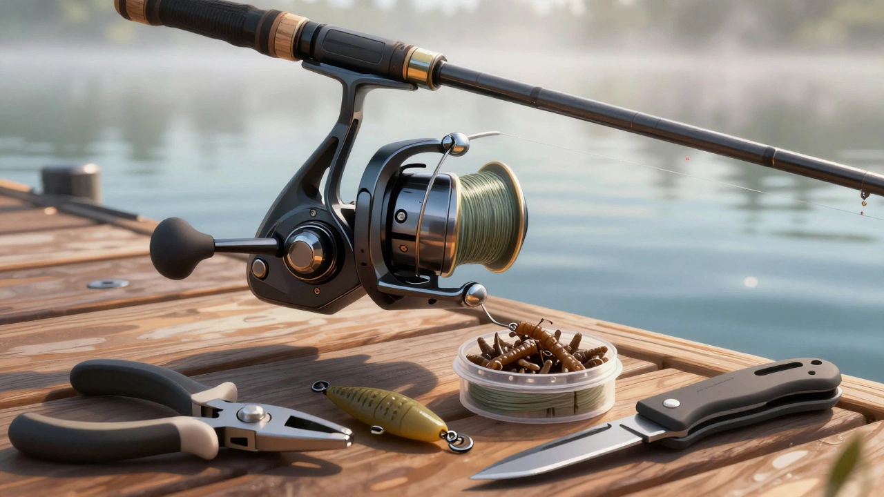 Крупный план катушки, лески и силиконовой приманки на деревянном причале.