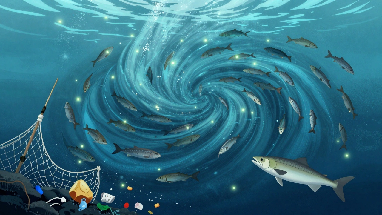 Подводная сцена Северного моря: течения, косяки рыбы, планктон и пластики, символизирующие экологические вызовы.