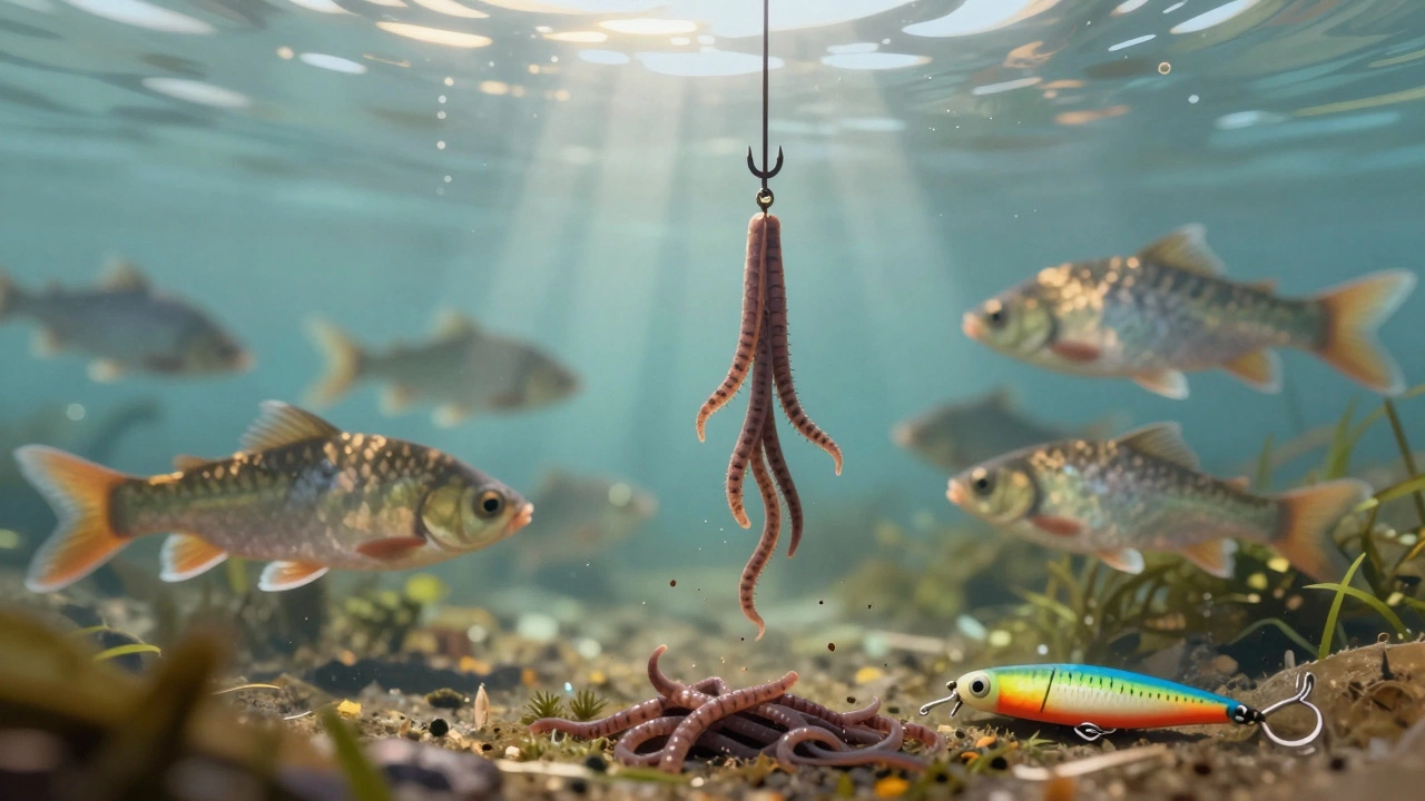 Подводный вид: плотва и лещ подходят к медленно падающим личинкам, в то время как яркая приманка лежит без внимания.