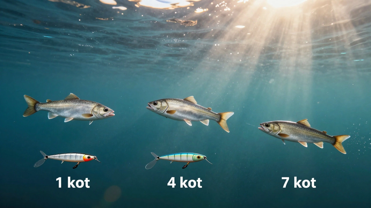 Приманка в воде при трех разных скоростях: 1, 4 и 7 узлов, с реакциями рыб.