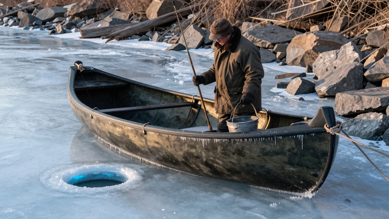 Резиновая лодка на зимнем берегу реки, рядом — рыбак с удочкой и лункой во льду.