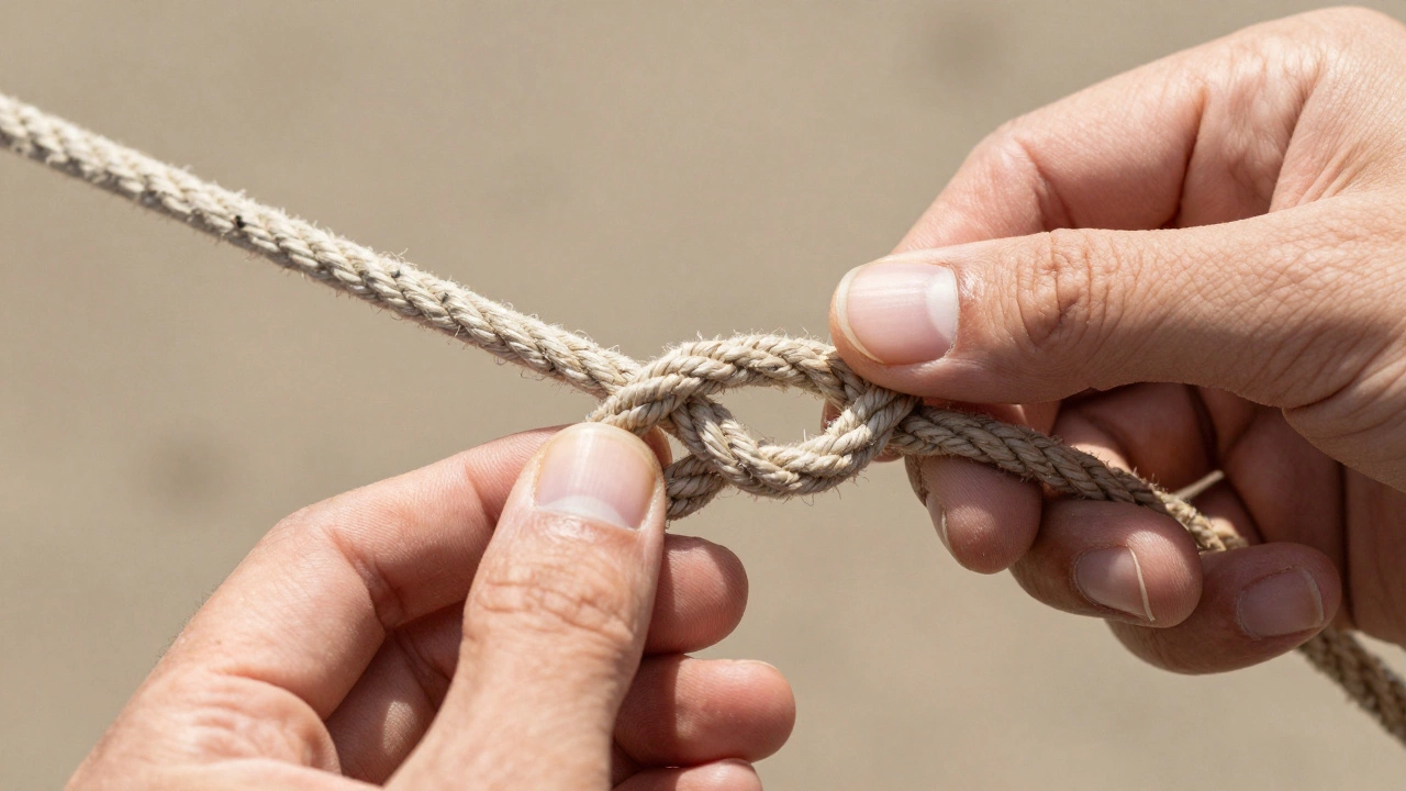 Руки завязывают якорный узел, детальный вид на витки и петлю
