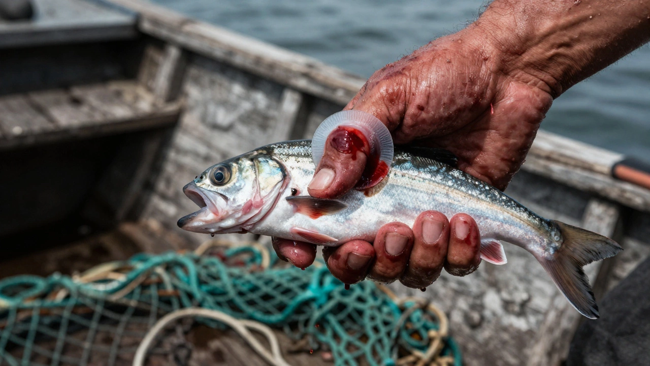 Рыба-блоха прилипла к кровоточащей руке рыбака, капли крови падают на палубу.
