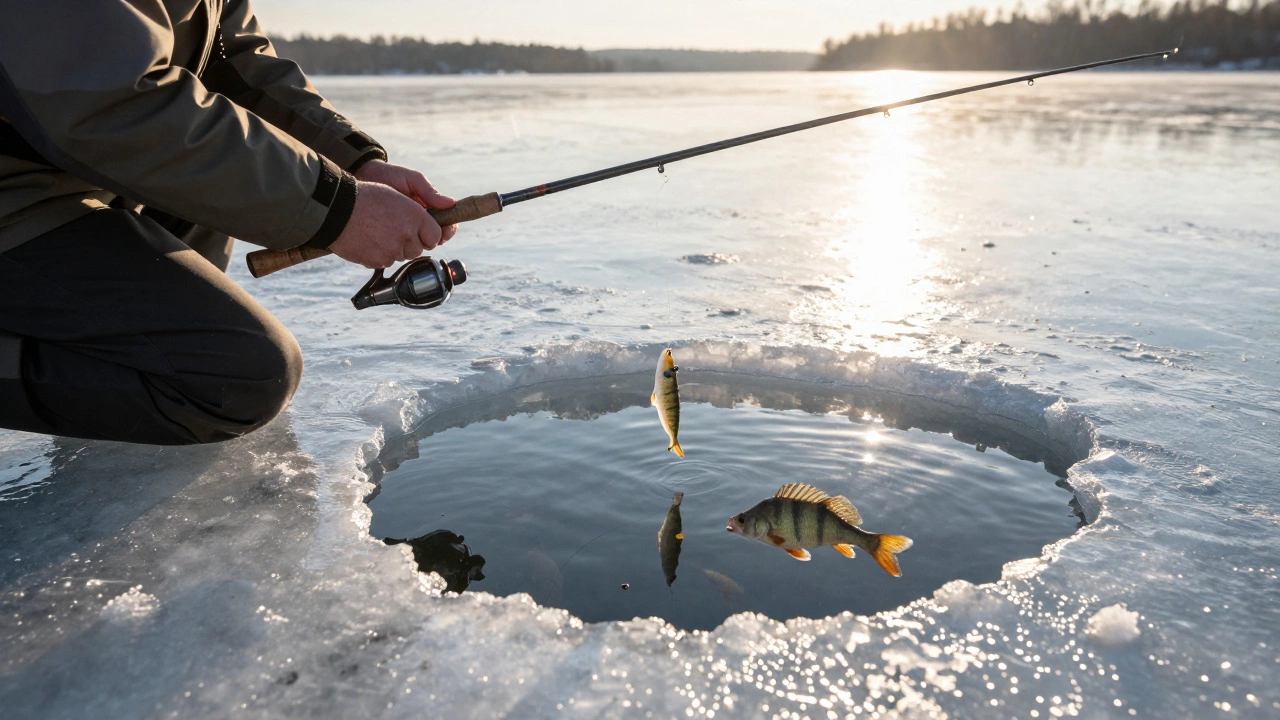 Рыбак ловит в полдень, солнечный свет, рыбы у лунки