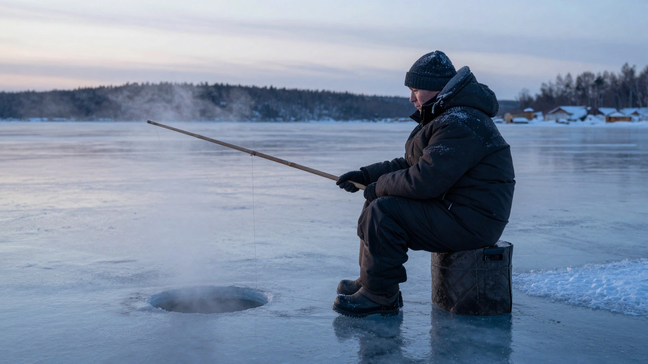 Рыбак на замерзшем озере в России ловит рыбу через лунку, сохраняя древний ритуал тишины.