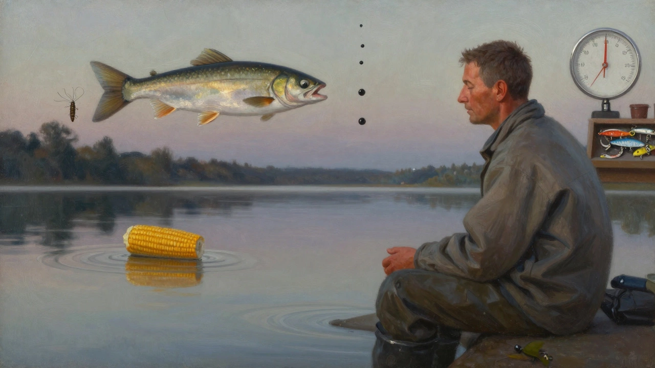 Рыбак в тишине заката, вокруг него символы успешной рыбалки: мотыль, кукуруза, живец, запах и рост давления.